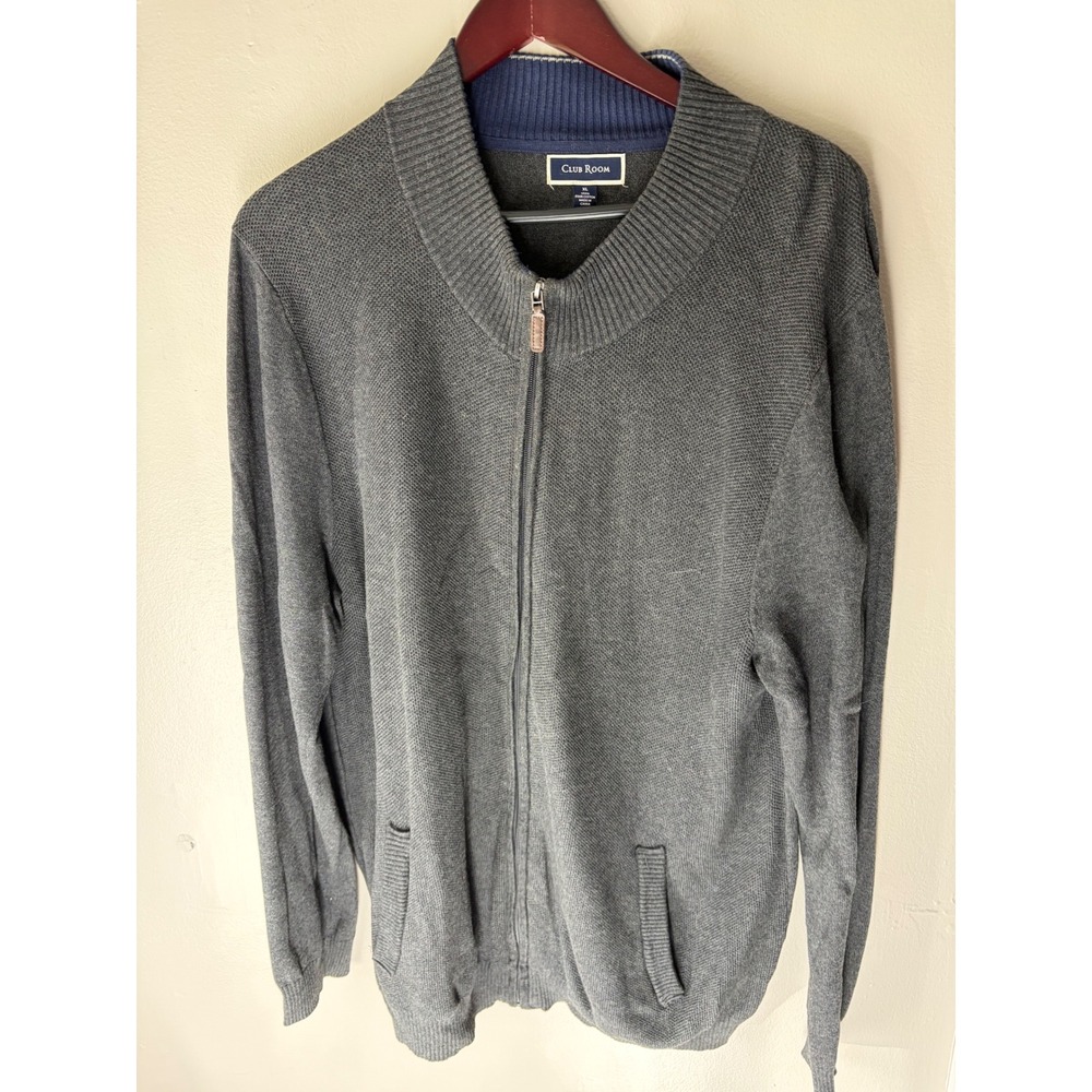 Club Room Mens XL Gray 100% Pima Cotton Full Zip Cardigan Sweater Mock Neck